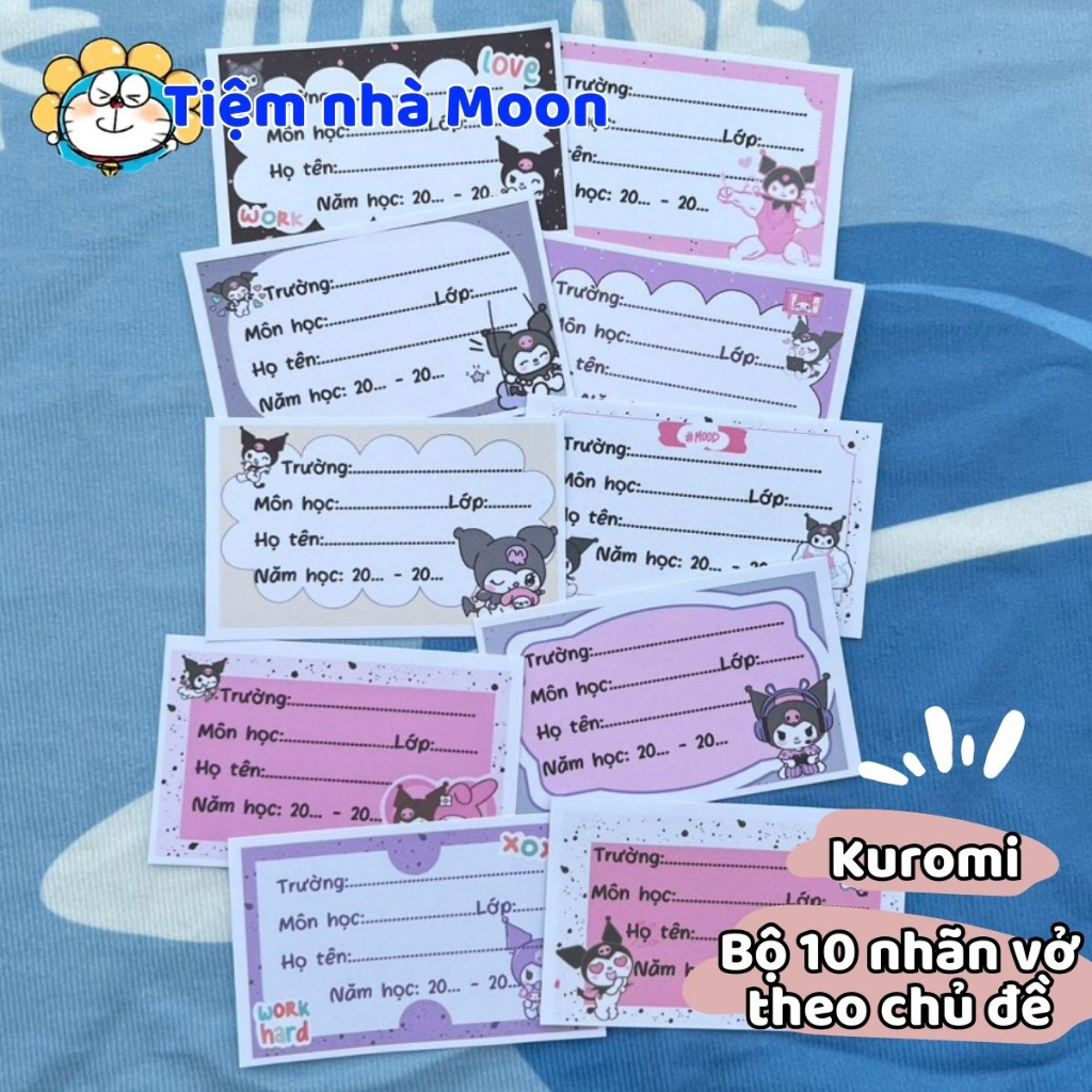 Bộ 10 nhãn vở gấu dâu, Kuromi, Bơ, Doremon