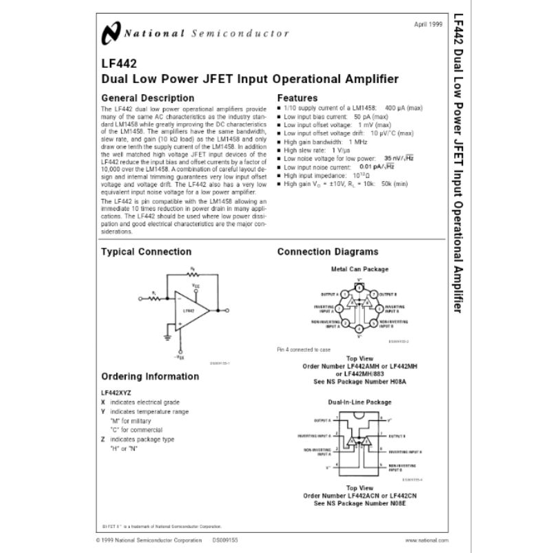 LF442, LF442CN OpAmp đôi JFET input tháo máy
