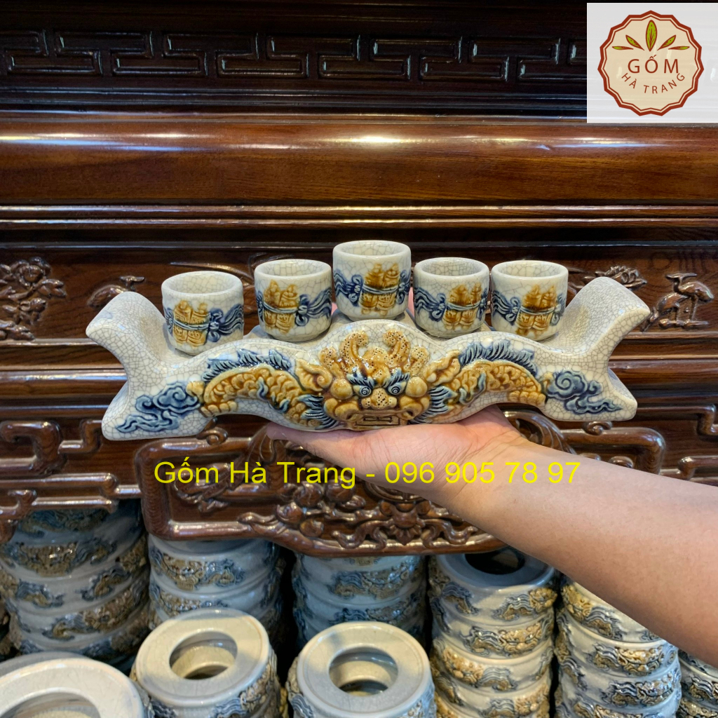 Bộ Kỷ, Chén Nước 5 Chén Thờ Cúng Men Rạn Đắp Nổi Bát Tràng - Họa tiết Rồng - Sen, Dáng Ngai - Cong
