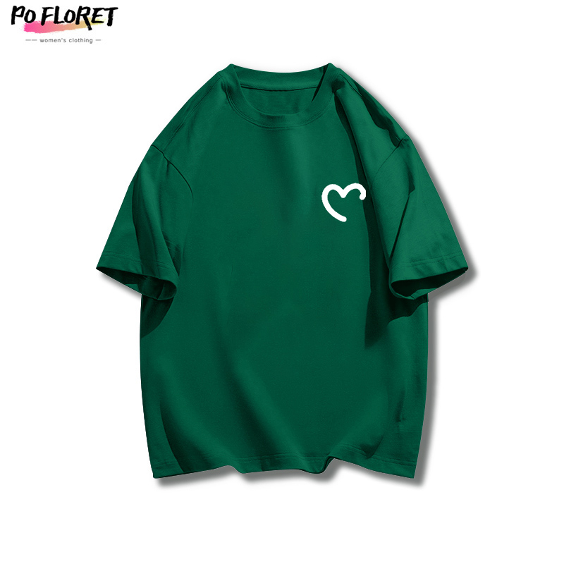 PO FLORET Áo thun unisex rộng Trái tim trắng in Oversize áo phông nữ 100%Cotton