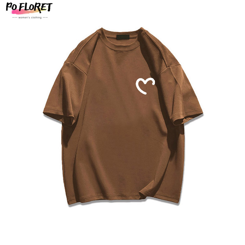 PO FLORET Áo thun unisex rộng Trái tim trắng in Oversize áo phông nữ 100%Cotton