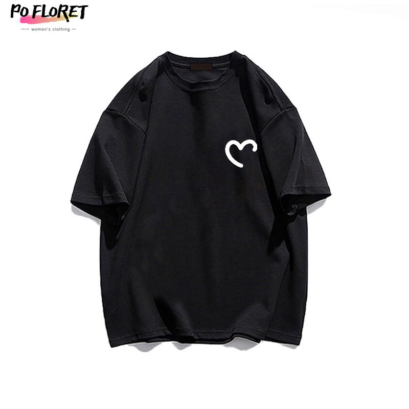 PO FLORET Áo thun unisex rộng Trái tim trắng in Oversize áo phông nữ 100%Cotton