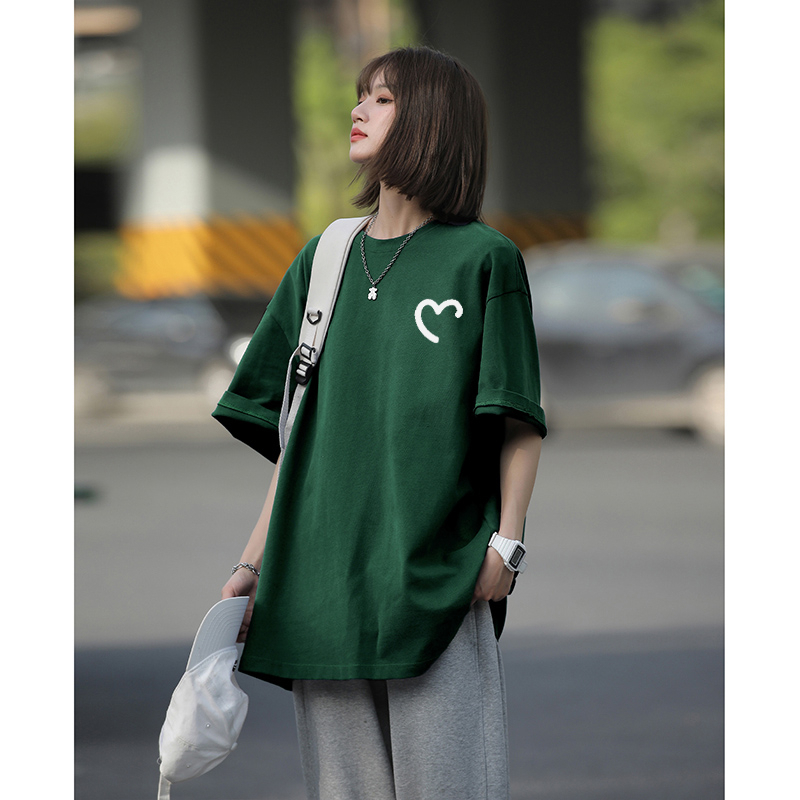 PO FLORET Áo thun unisex rộng Trái tim trắng in Oversize áo phông nữ 100%Cotton