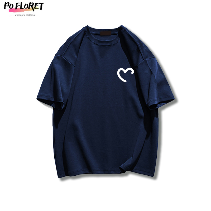 PO FLORET Áo thun unisex rộng Trái tim trắng in Oversize áo phông nữ 100%Cotton