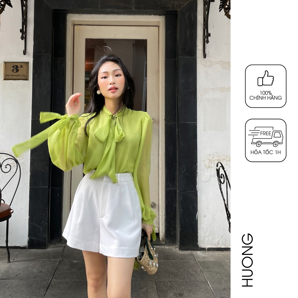 Áo sơ mi tơ tằm xanh bơ HUONG BOUTIQUE BSSM18 cổ nơ