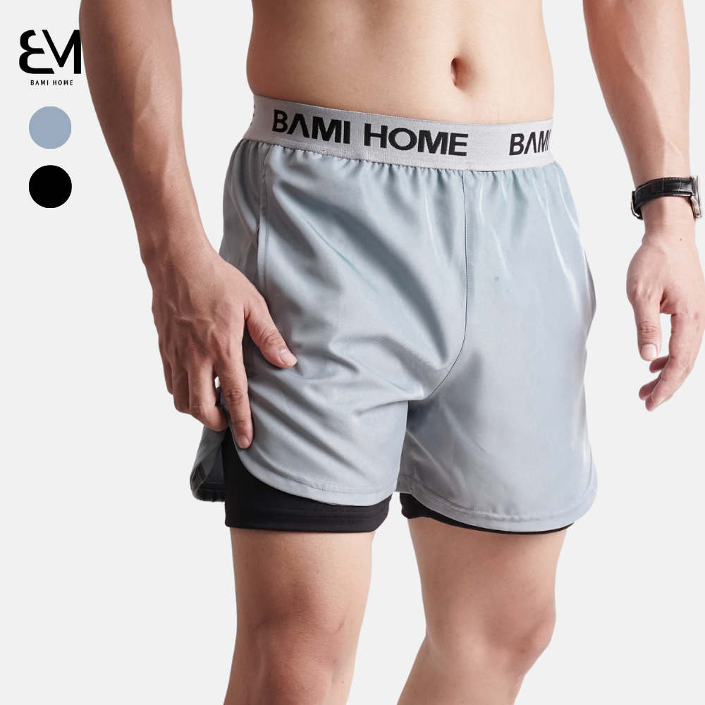 Quần đùi gym nam cao cấp BAMI HOME 2 lớp co giãn chạy bộ, yoga, boxing thoải mái QG02