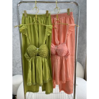 Đồ ngủ pyjama 2 dây quần dài lụa gấm xước đồ ngủ nữ mặc nhà cao cấp