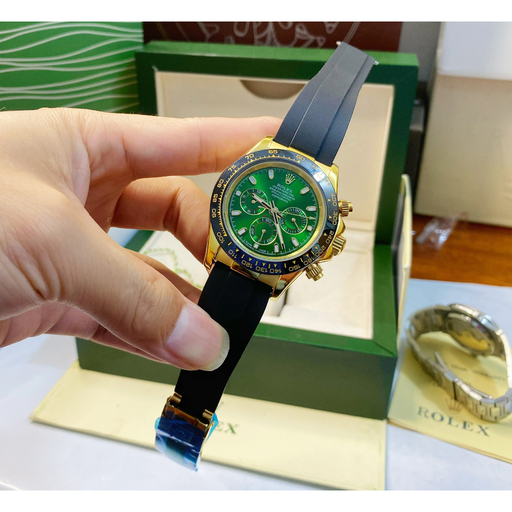 Đồng hồ Nam Rl 6kim day date mặt xanh lá vàng gold máy nhật dòng Automatic size 40mm dây cao su