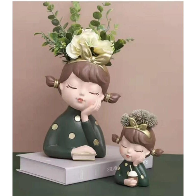 chậu tượng cô gái thắt bím dễ thương.bình hoa.lọ hoa. cắm hoa trang trí.trồng sen đá xương rồng.cây cảnh để bàn.decor.