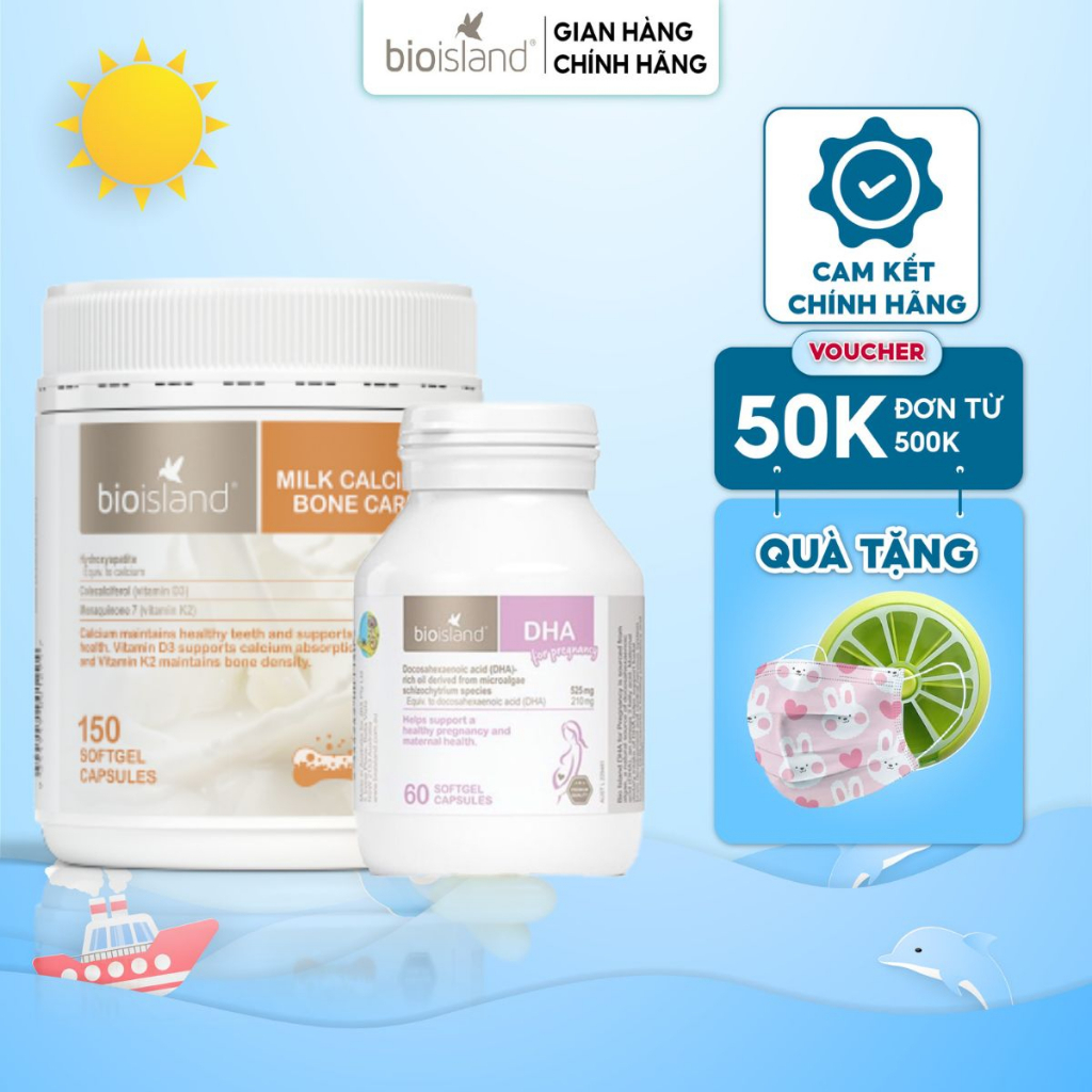 Combo viên uống DHA bầu và canxi sữa Bon Care Bio Island bổ sung dinh dưỡng toàn diện cho mẹ bầu, sau sinh