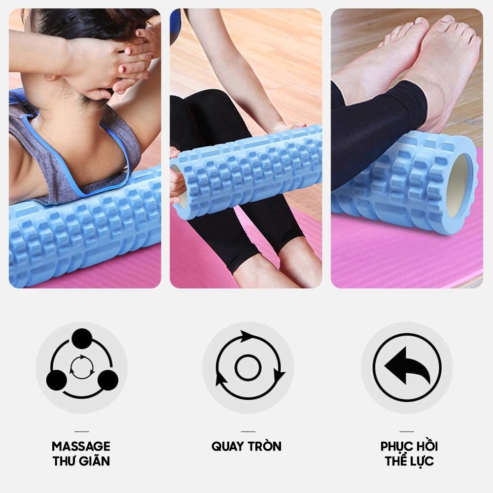 Con lăn Yoga Massage Foarm Roller, ống trụ lăn xốp thể thao giãn cơ có gai dẹt, gai răng roam rollet cao cấp