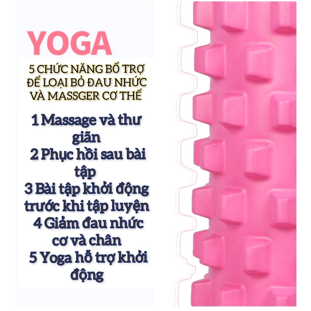 Con lăn Yoga Massage Foarm Roller, ống trụ lăn xốp thể thao giãn cơ có gai dẹt, gai răng roam rollet cao cấp