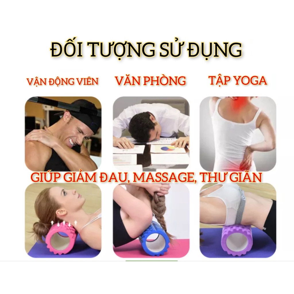 Con lăn Yoga Massage Foarm Roller, ống trụ lăn xốp thể thao giãn cơ có gai dẹt, gai răng roam rollet cao cấp