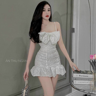 Đầm 2 dây gấm ôm body nơ ngực dưới đuôi cá cực sang mk