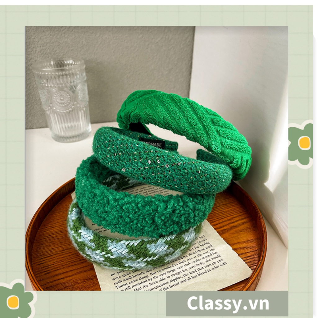 Băng đô cài tóc  Classy bản lớn bọc vải tuýt tông xanh lá trendy của mùa hè PK944