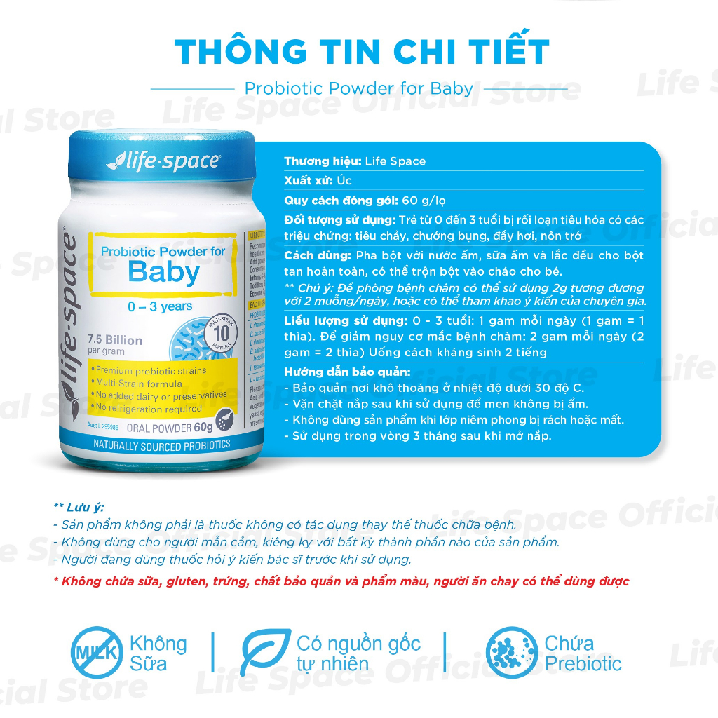 Men vi sinh Life Space Powder For Baby giúp ăn ngon, hỗ trợ tiêu hóa và tăng cường hệ miễn dịch cho bé 0-3 tuổi lọ 60g