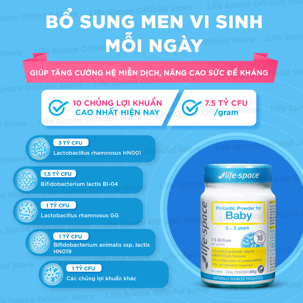 Men vi sinh Life Space Powder For Baby giúp ăn ngon, hỗ trợ tiêu hóa và tăng cường hệ miễn dịch cho bé 0-3 tuổi lọ 60g