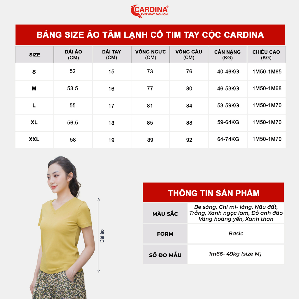 Áo Nữ 𝐂𝐀𝐑𝐃𝐈𝐍𝐀 Chất Tăm Lạnh Mềm Mịn Cổ Tim Tay Cộc Kiểu Dáng Basic 3AF20