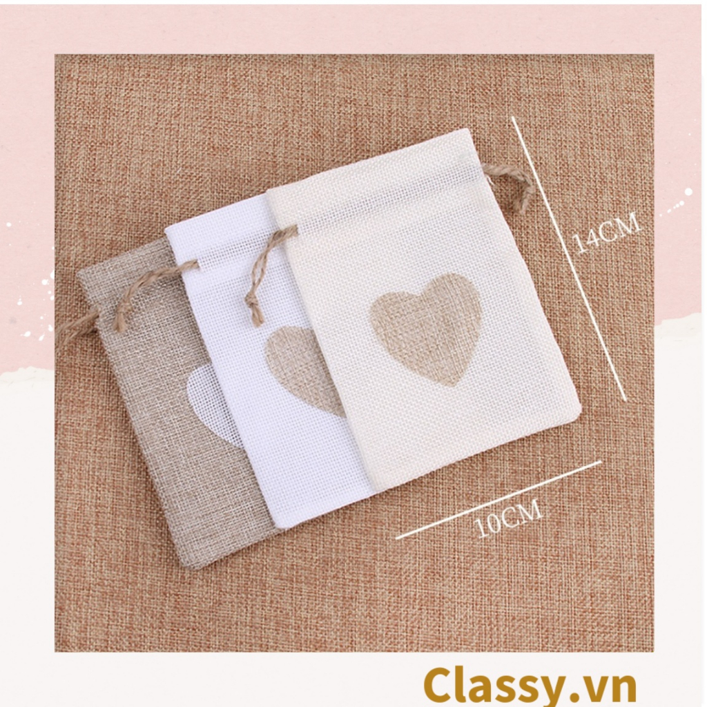 Túi dây rút Classy bằng vải lanh kích thước 10x14CM mặt trước in trái tim T1355