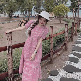 Váy kẻ hồng dáng suông dài đuôi cá tay bồng cổ tròn chất thô đũi nhăn nhẹ nhàng tiểu thư trẻ trung hàng fullsize sẵn