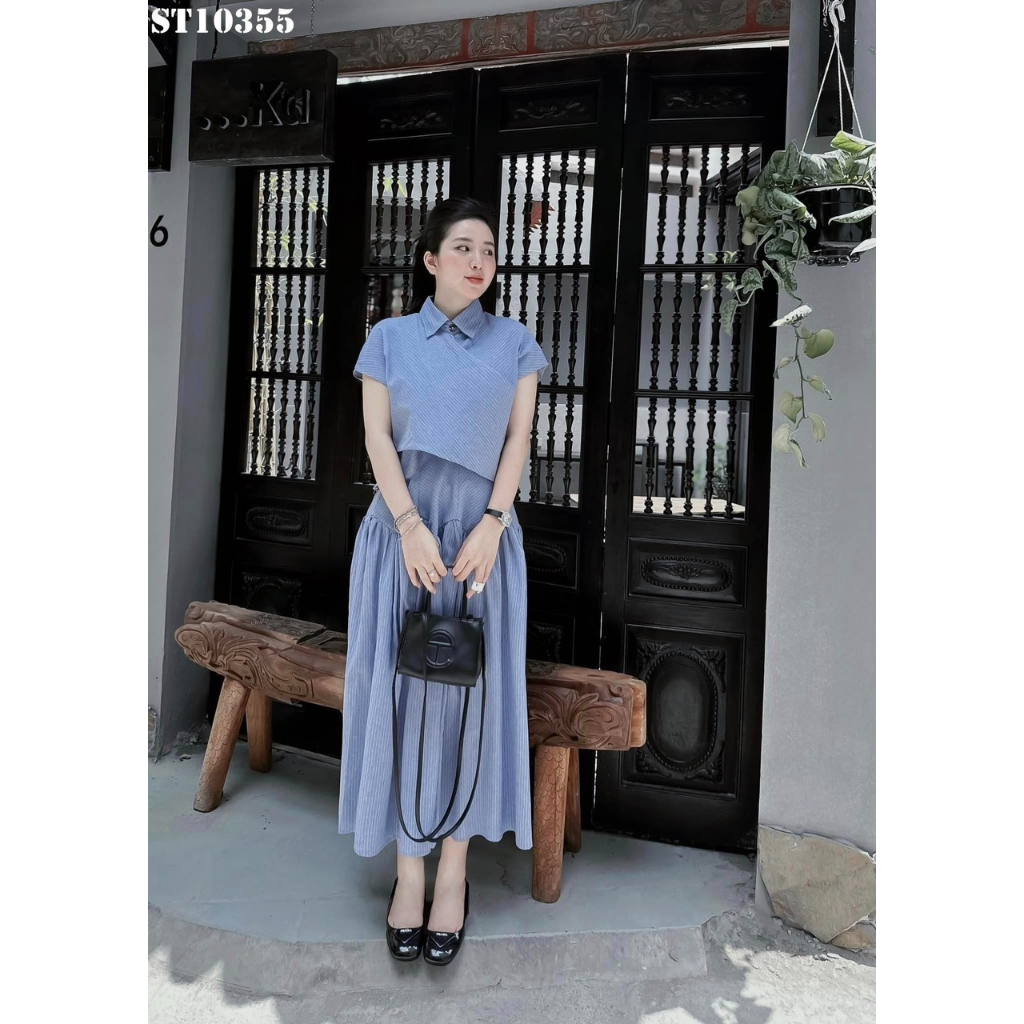 Sét váy kẻ xanh chất linen chân váy xòe cạp cao dáng midi phối áo vạt chéo tay ngắn cổ sơ mi nhẹ nhàng thanh lịch fullsz