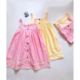 Váy đầm linen 2 dây mùa hè, màu hồng & vàng phối ren cho bé gái 10kg - 37kg