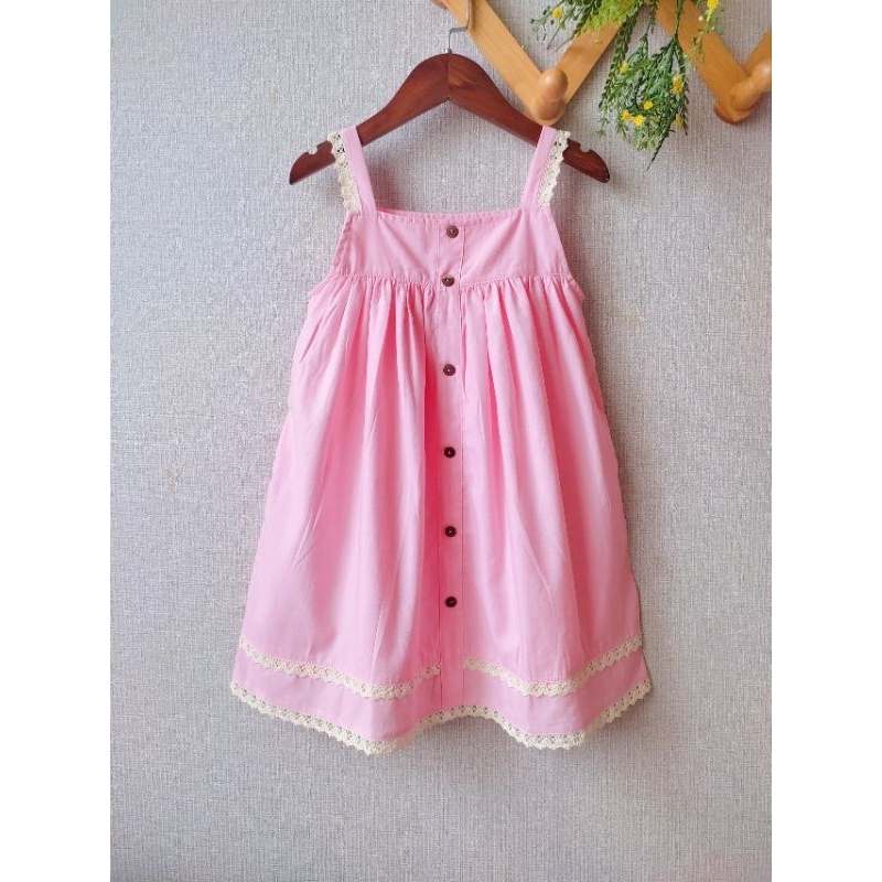 Váy đầm linen 2 dây mùa hè, màu hồng & vàng phối ren cho bé gái 10kg - 37kg