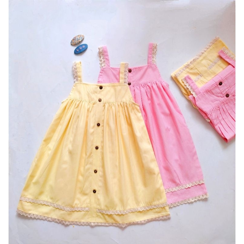Váy đầm linen 2 dây mùa hè, màu hồng & vàng phối ren cho bé gái 10kg - 37kg