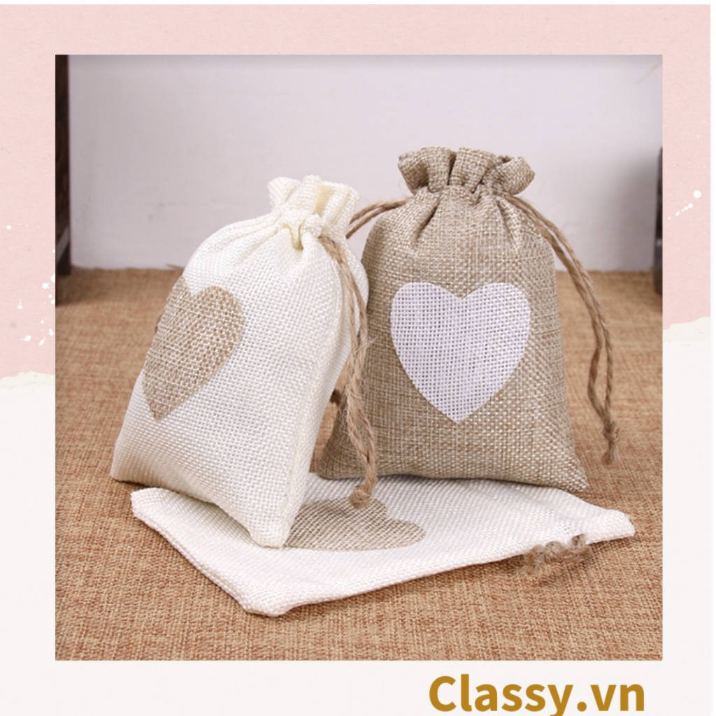 Túi dây rút Classy bằng vải lanh kích thước 10x14CM mặt trước in trái tim T1355