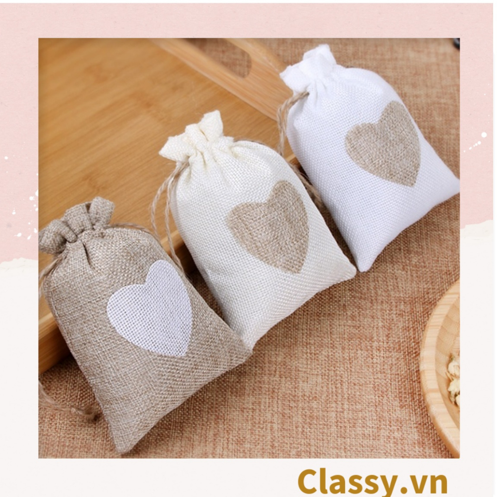 Túi dây rút Classy bằng vải lanh kích thước 10x14CM mặt trước in trái tim T1355
