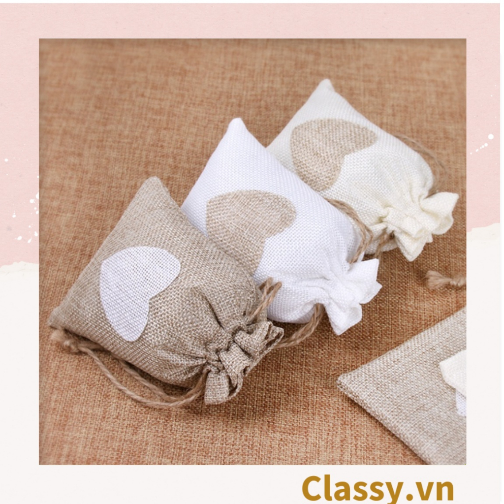 Túi dây rút Classy bằng vải lanh kích thước 10x14CM mặt trước in trái tim T1355