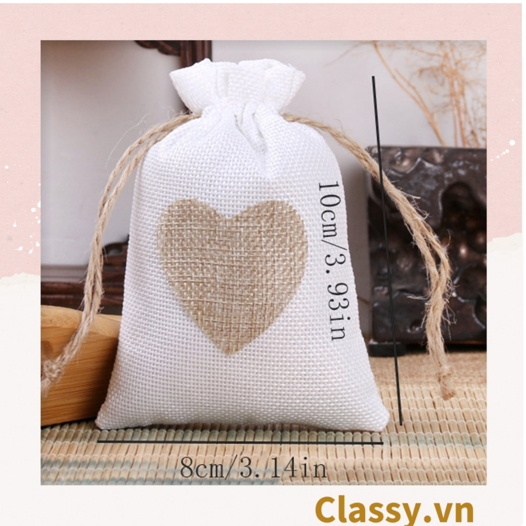 Túi dây rút Classy bằng vải lanh kích thước 10x14CM mặt trước in trái tim T1355