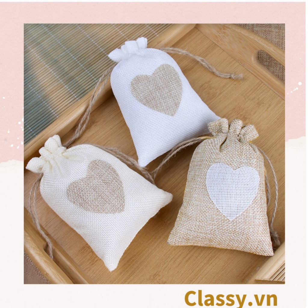 Túi dây rút Classy bằng vải lanh kích thước 10x14CM mặt trước in trái tim T1355