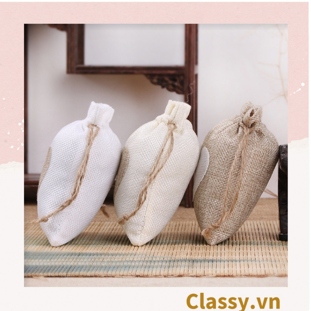 Túi dây rút Classy bằng vải lanh kích thước 10x14CM mặt trước in trái tim T1355