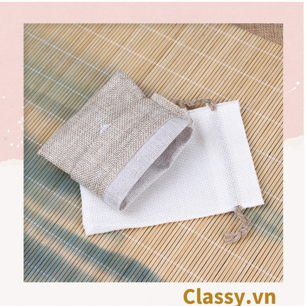 Túi dây rút Classy bằng vải lanh kích thước 10x14CM mặt trước in trái tim T1355