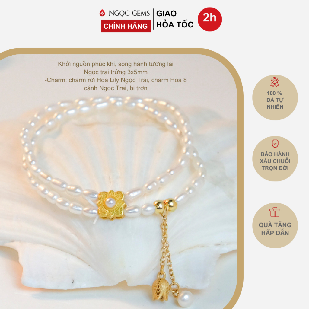 Vòng tay nữ Ngọc Trai Trứng thiên nhiên - mix Charm rơi Hoa Lily Ngọc Trai thiên nhiên - Ngọc Gems