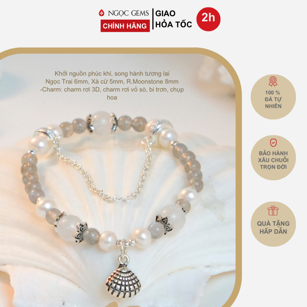 Vòng tay nữ Ngọc Trai Trắng thiên nhiên - mix đá Xà Cừ - mix đá Moonstone - mix Charm Rơi Vỏ Sò - Ngọc Gems