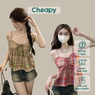 Áo hai dây nữ kẻ sọc caro màu tương phản có đệm ngực lưng chun dây điều chỉnh Cheapy áo babydoll kẻ đỏ dây rút ngựcC1711
