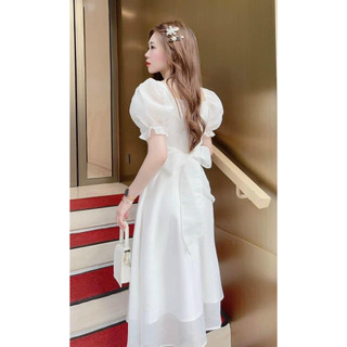 Váy trắng dự tiệc dáng dài tay bồng, ầm voan trắng tay phồng xếp ly ngực 2 lớp dáng xòe dự tiệc cưới cô dâu