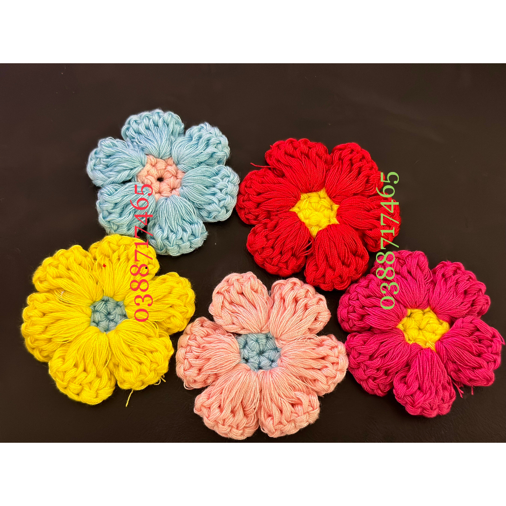 Hoa len Handmade hoa cúc 6 cánh size 6cm cánh dẹt nhiều màu