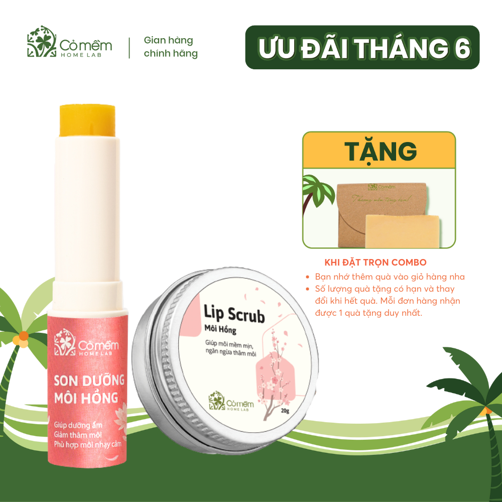 Combo Môi Hồng Gồm Son Dưỡng Hồng Môi Và Tẩy Da Chết Giảm Thâm Cỏ Mềm 100g