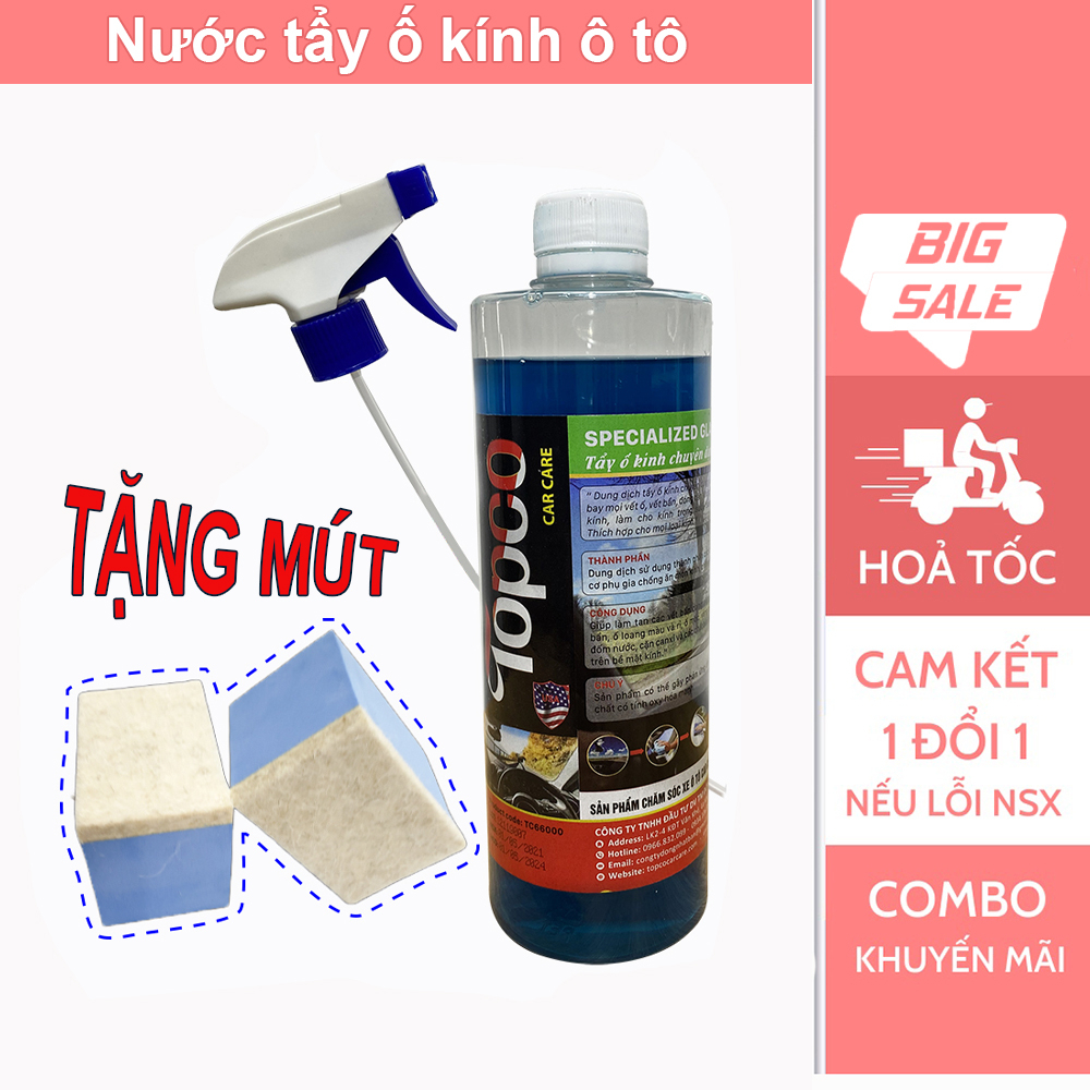 Chai Xịt Tẩy ố kính xe ô tô Topco 500ml,Nước Dung dịch tẩy rửa ố mốc cặn canxi vết bẩn dính dầu mỡ làm sạch kính xe ô tô
