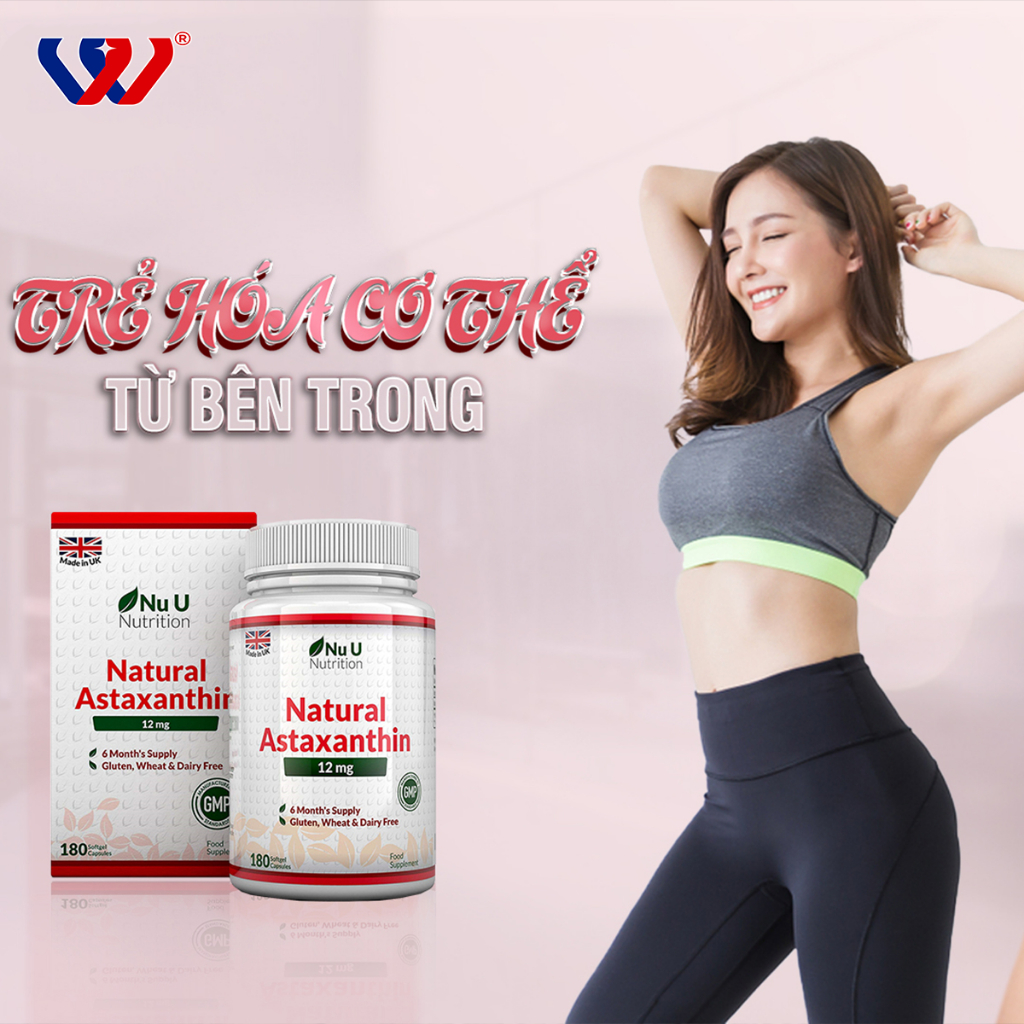 Viên uống đẹp da Natural Astaxanthin 12mg Nu U Nutrition 180 viên/lọ, dùng 6 tháng, hàng nhập UK