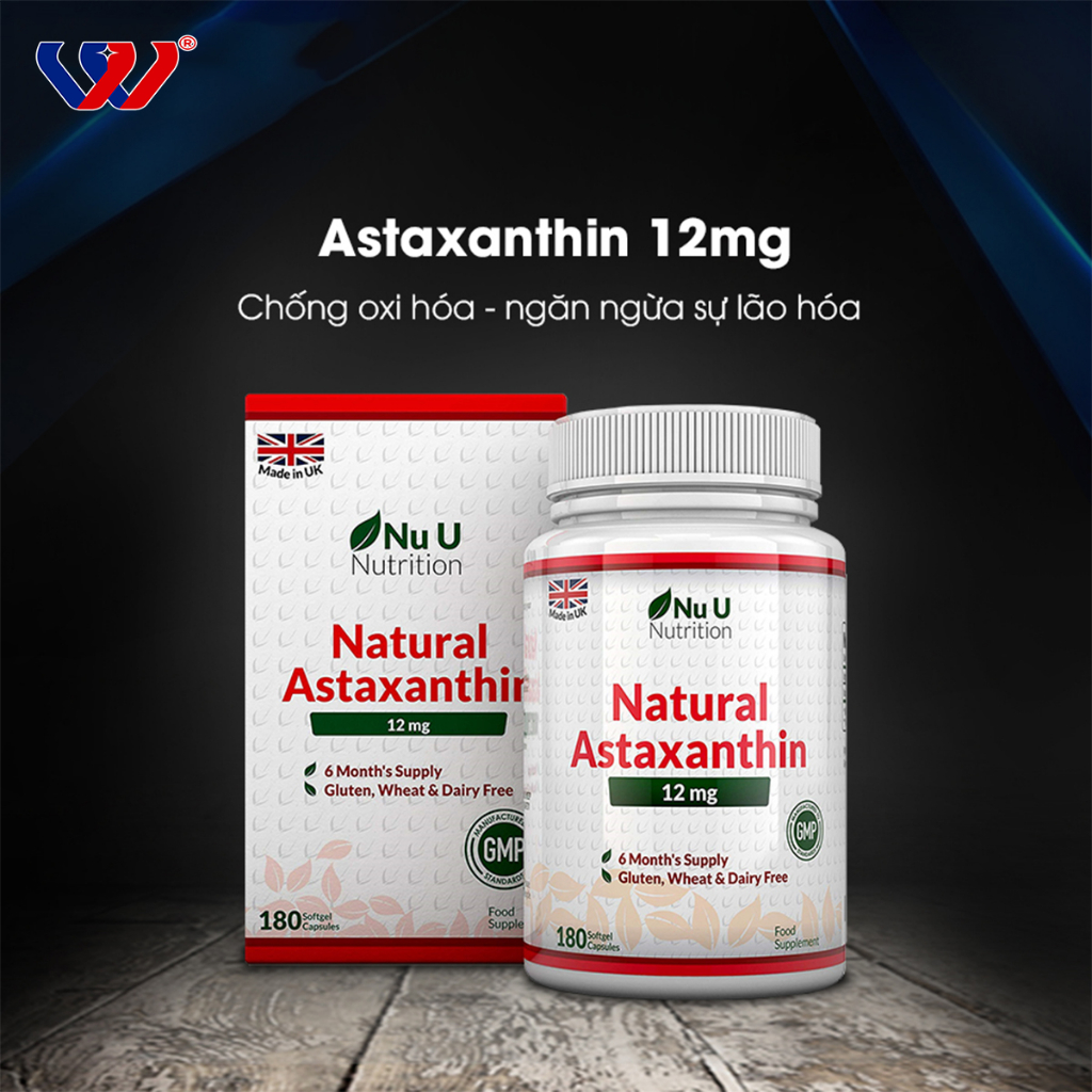 Viên uống đẹp da Natural Astaxanthin 12mg Nu U Nutrition 180 viên/lọ, dùng 6 tháng, hàng nhập UK