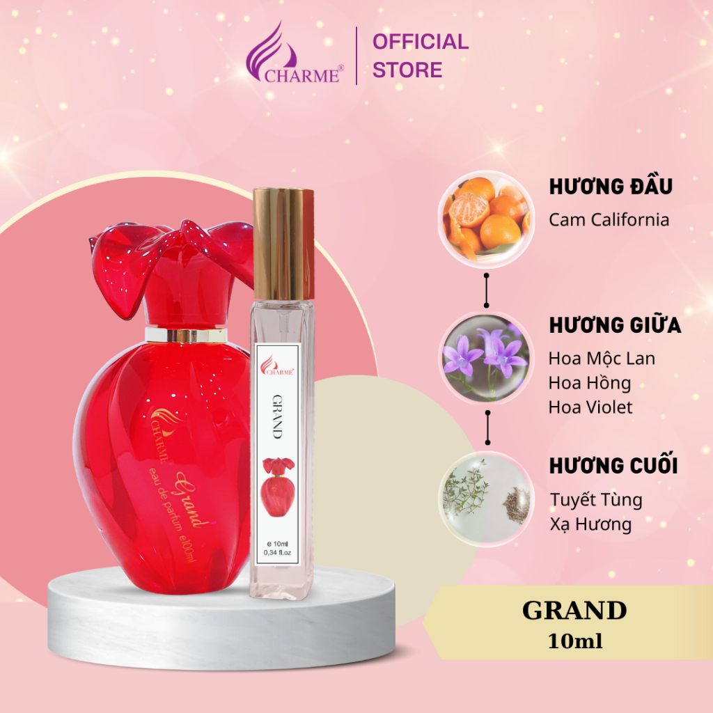 Nước hoa nữ cao cấp, Charme Grand, chai Test mini, lưu hương lâu, hương hoa cỏ nhẹ nhàng, nữ tính, 10ml