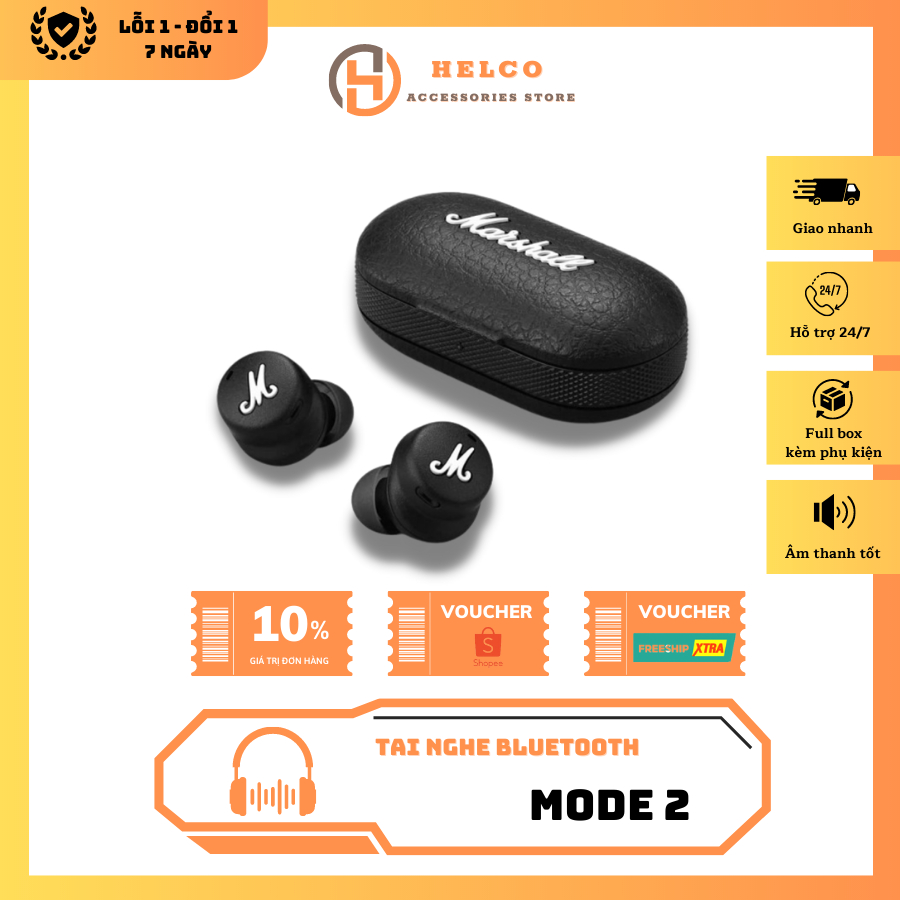 Tai nghe không dây Bluetooth Marshall Mode 2 phiên bản cao cấp, bass mạnh, nút tai nhiều cỡ, pin khỏe, chống ồn ANC