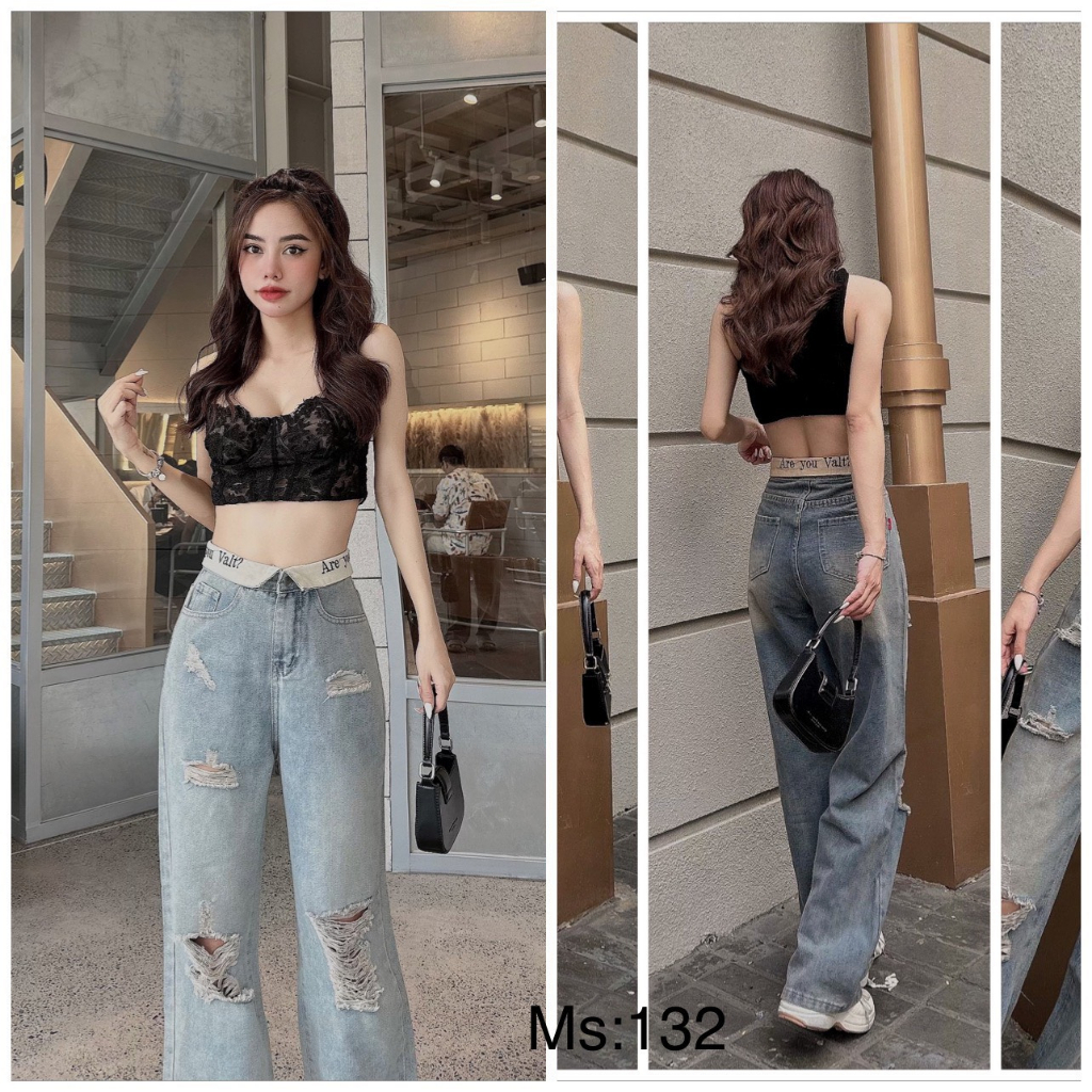 Quần suông ống rộng chất jean mềm mịn rách gối thời trang cao cấp - Huyền Diệu Boutique