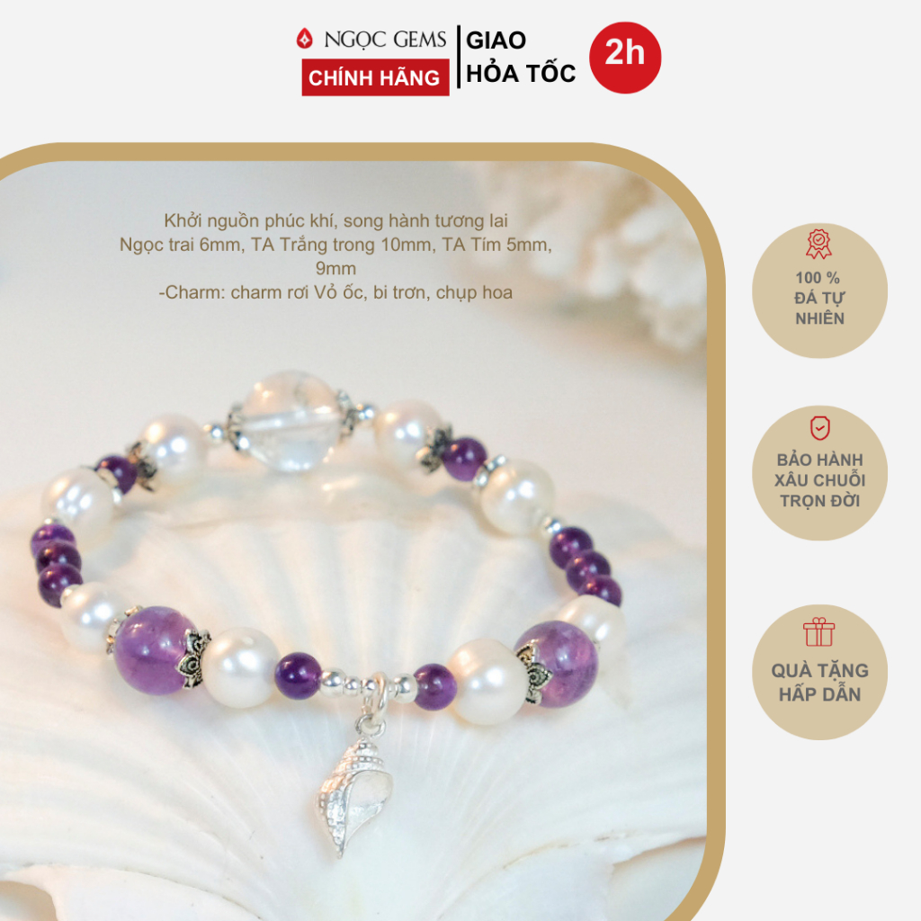 Vòng tay nữ Thạch Anh Tím - mix Ngọc Trai Trắng thiên nhiên - mix Charm rơi Vỏ Ốc - Ngọc Gems