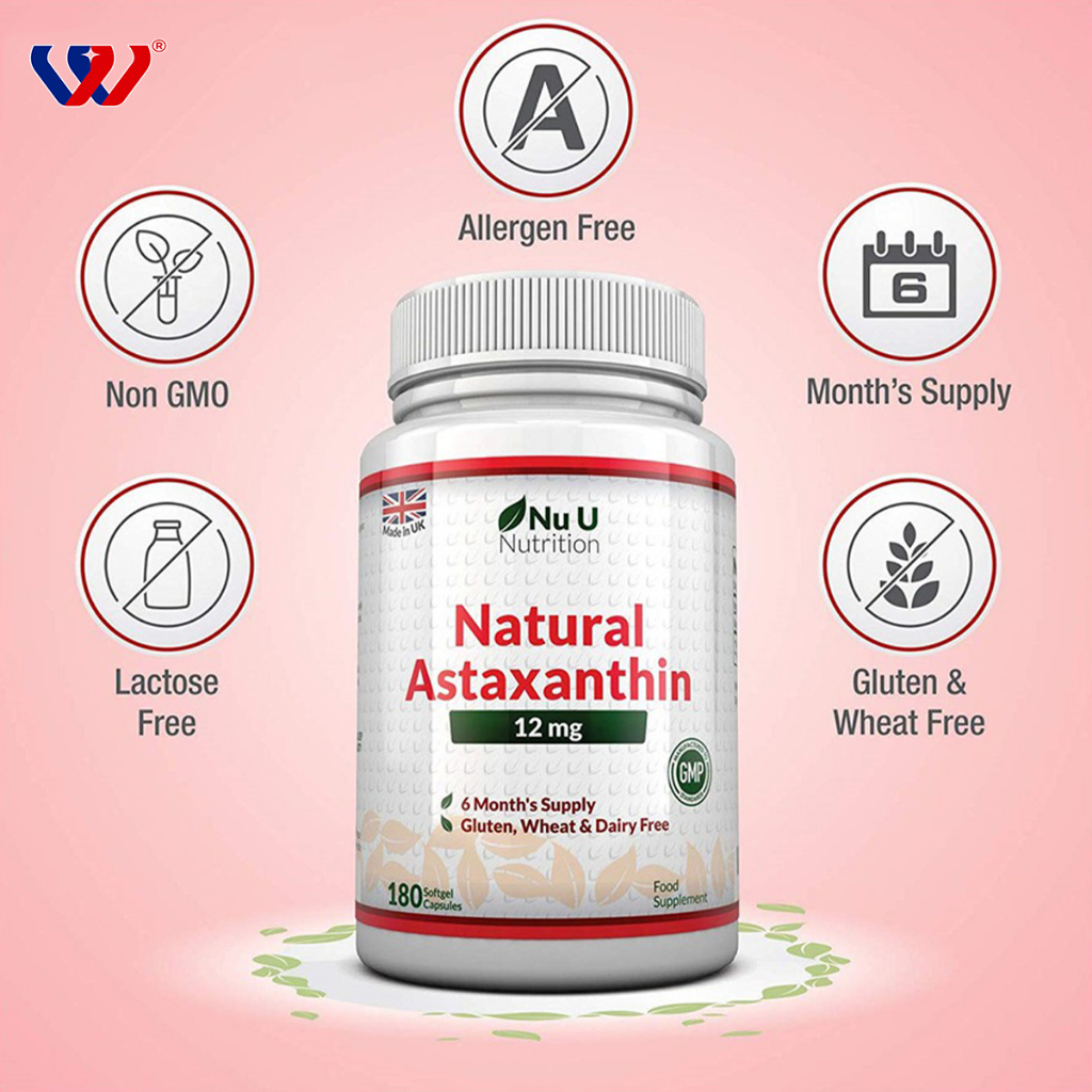 Viên uống đẹp da Natural Astaxanthin 12mg Nu U Nutrition 180 viên/lọ, dùng 6 tháng, hàng nhập UK