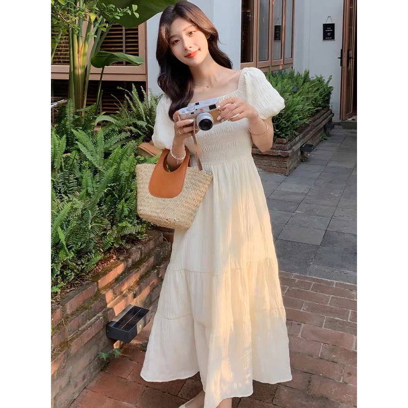 ĐẦM MAXI TƠ NHĂN CHUN CỔ VUÔNG TAY PHỒNG DÁNG DÀI XOÈ QUA GỐI